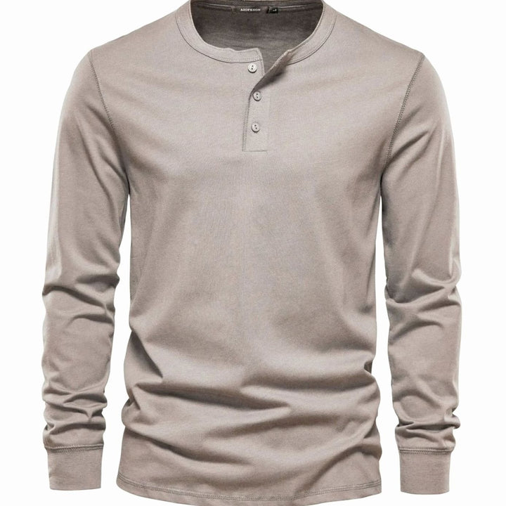 Men's Long Sleeve Henley Shirt Relaxed-Fit Button-Neck Tee - Beige