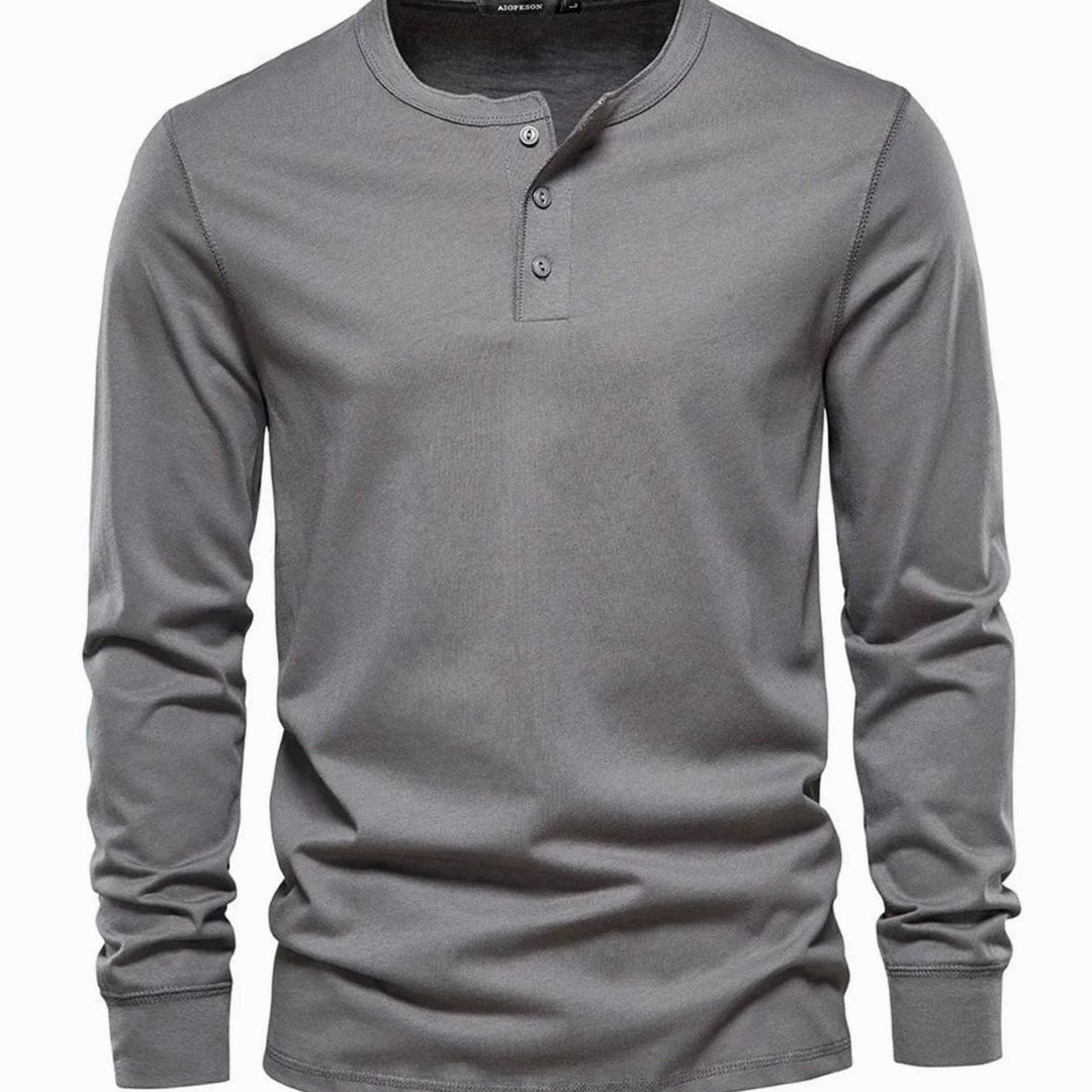Men's Long Sleeve Henley Shirt Relaxed-Fit Button-Neck Tee - Dark Grey