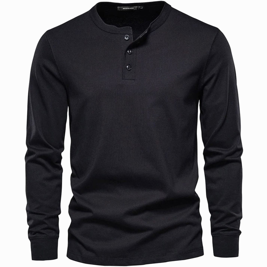 Men's Long Sleeve Henley Shirt Relaxed-Fit Button-Neck Tee - Black