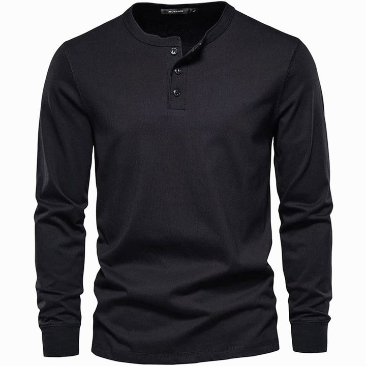 Men's Long Sleeve Henley Shirt Relaxed-Fit Button-Neck Tee - Black