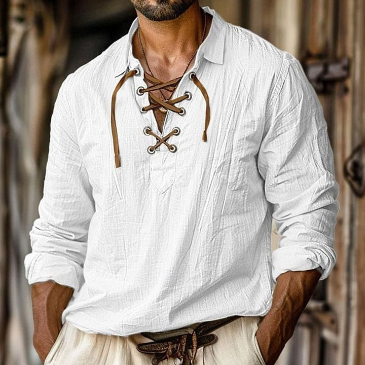 Men's Long Sleeve Lace-Up V-Neck Henley Shirt - White