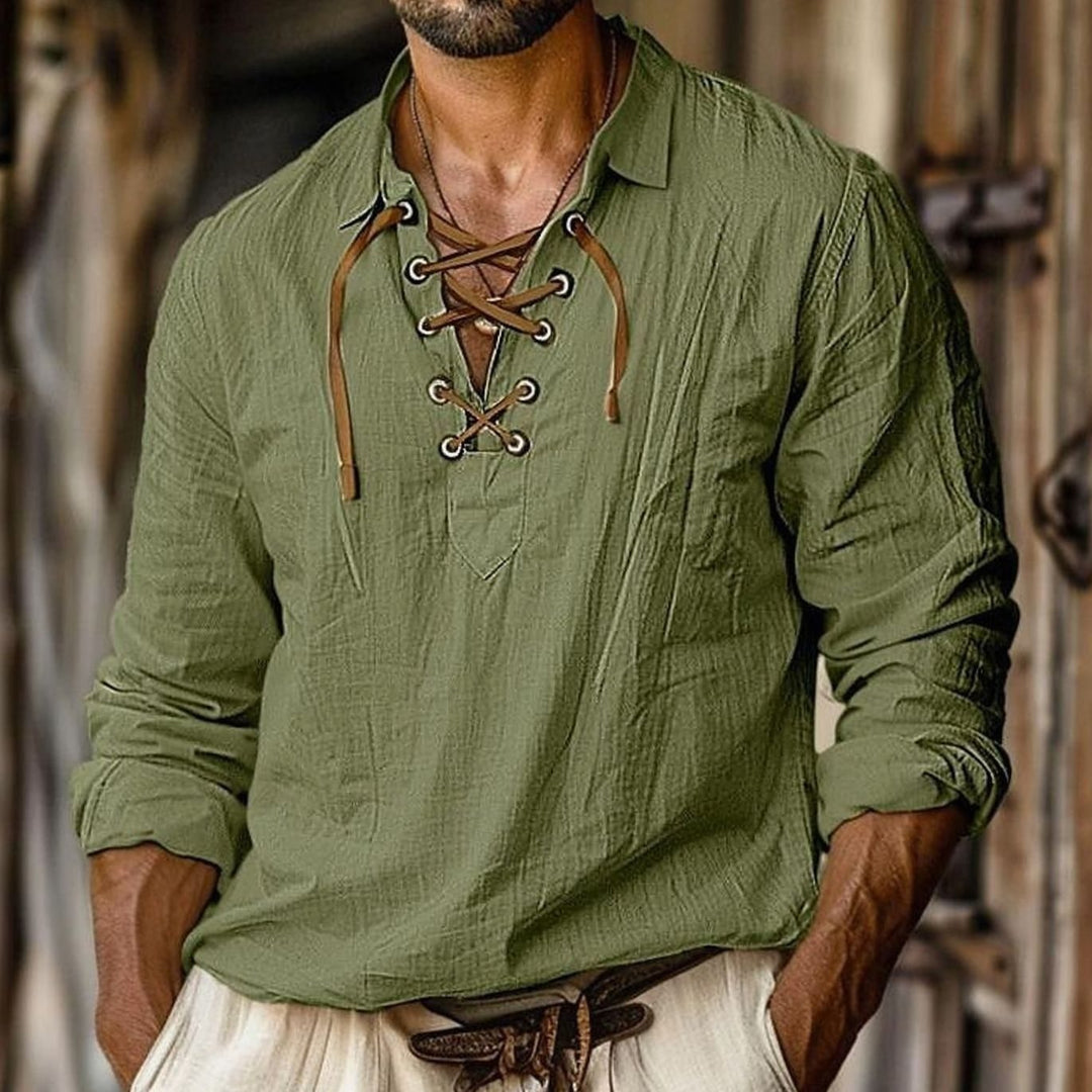 Men's Long Sleeve Lace-Up V-Neck Henley Shirt - Green