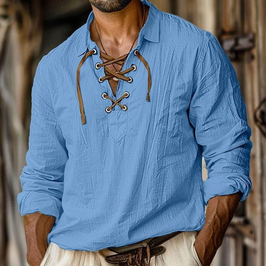 Men's Long Sleeve Lace-Up V-Neck Henley Shirt - Light Blue