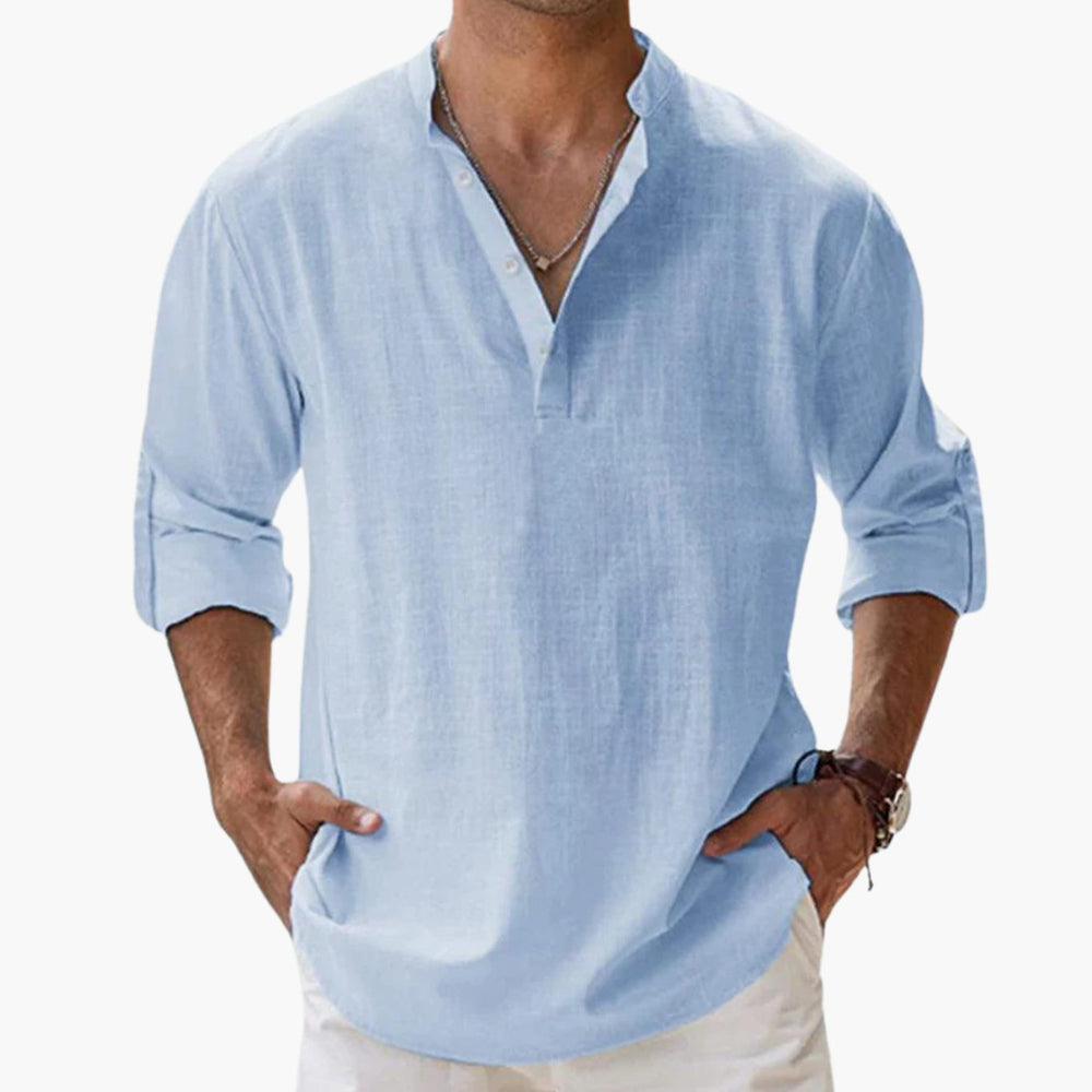 Men's Long Sleeve Linen Henley Shirt Band Collar