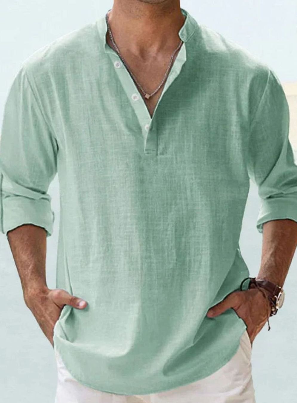 Men's Long Sleeve Linen Henley Shirt Band Collar - Green