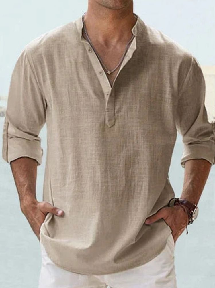 Men's Long Sleeve Linen Henley Shirt Band Collar - Khaki
