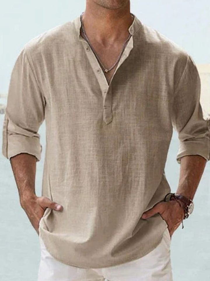 Men's Long Sleeve Linen Henley Shirt Band Collar - Khaki