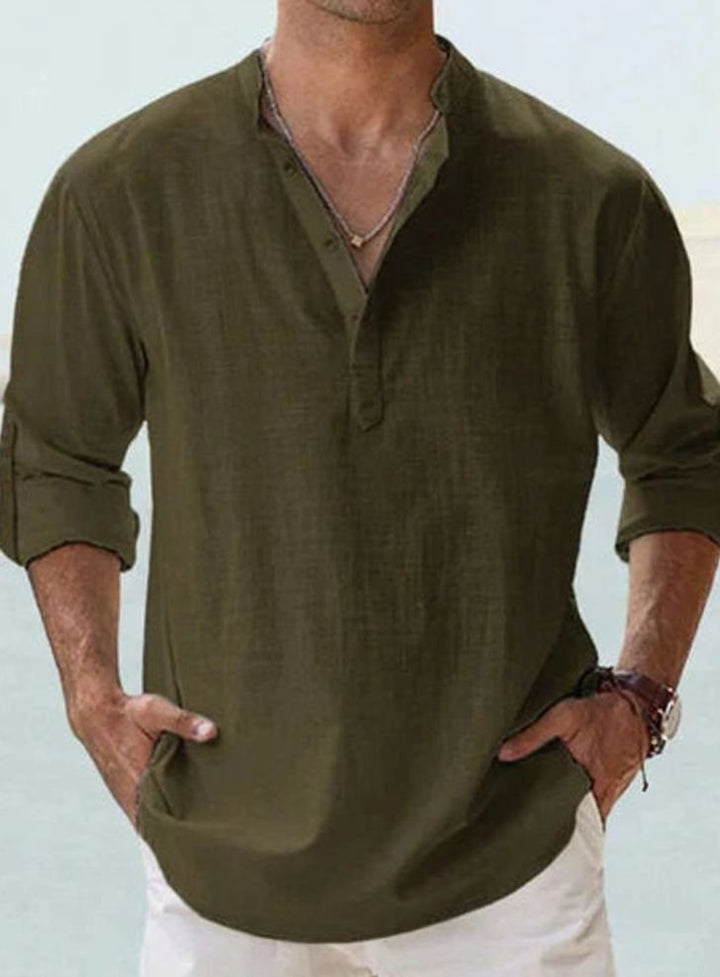 Men's Long Sleeve Linen Henley Shirt Band Collar - Dark Green