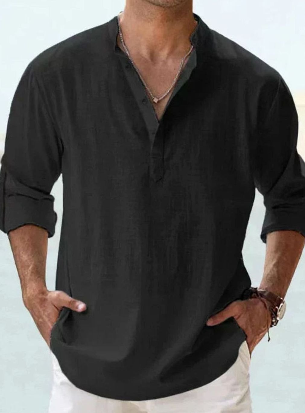 Men's Long Sleeve Linen Henley Shirt Band Collar - Black