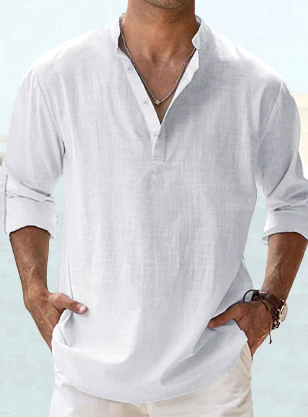 Men's Long Sleeve Linen Henley Shirt Band Collar - White