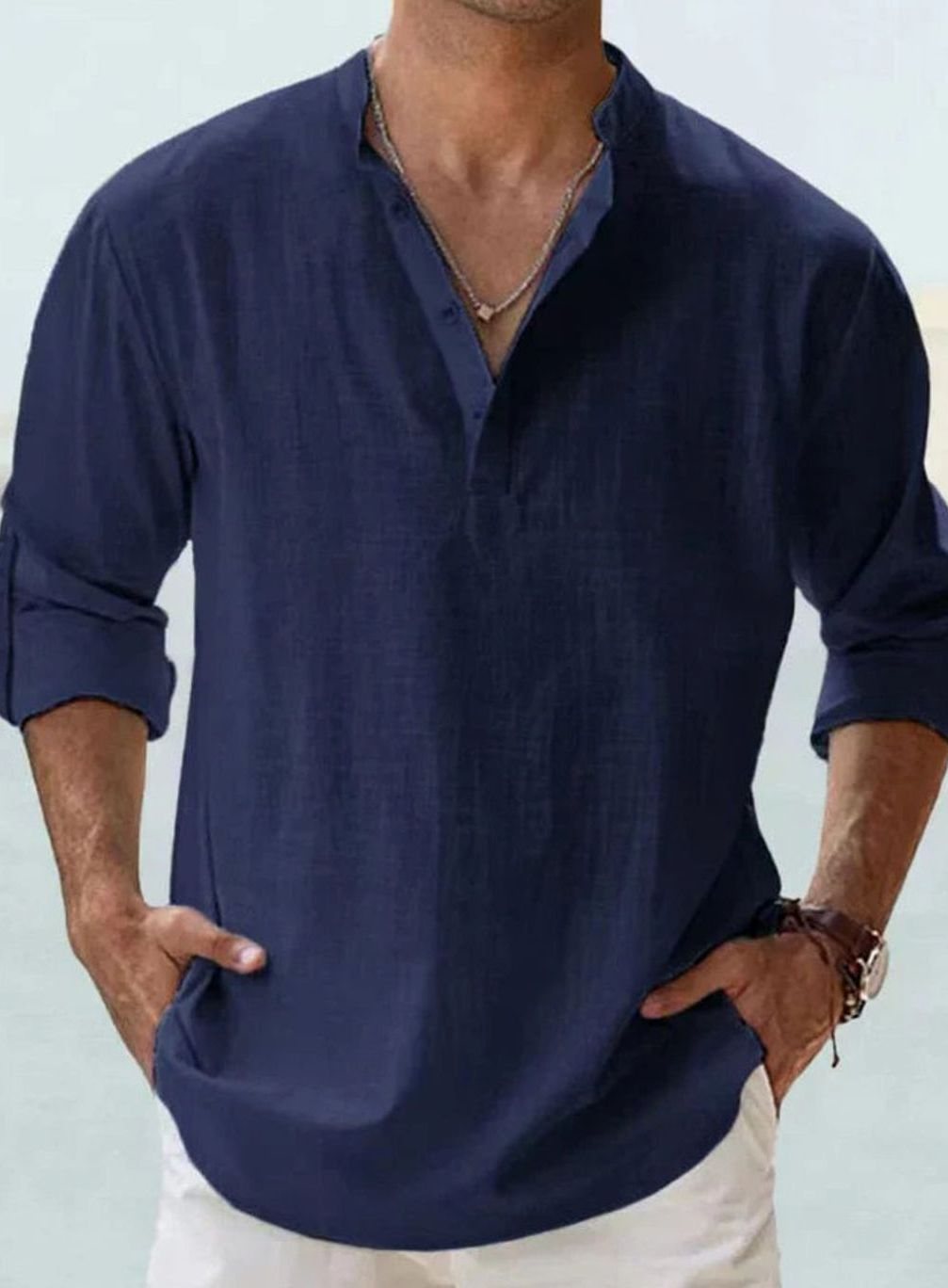 Men's Long Sleeve Linen Henley Shirt Band Collar - Navy Blue