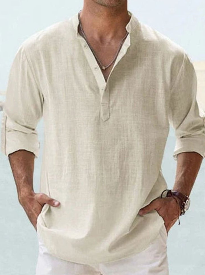 Men's Long Sleeve Linen Henley Shirt Band Collar - Apricot