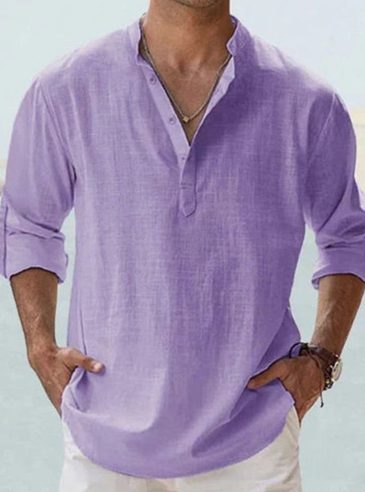 Men's Long Sleeve Linen Henley Shirt Band Collar - Purple
