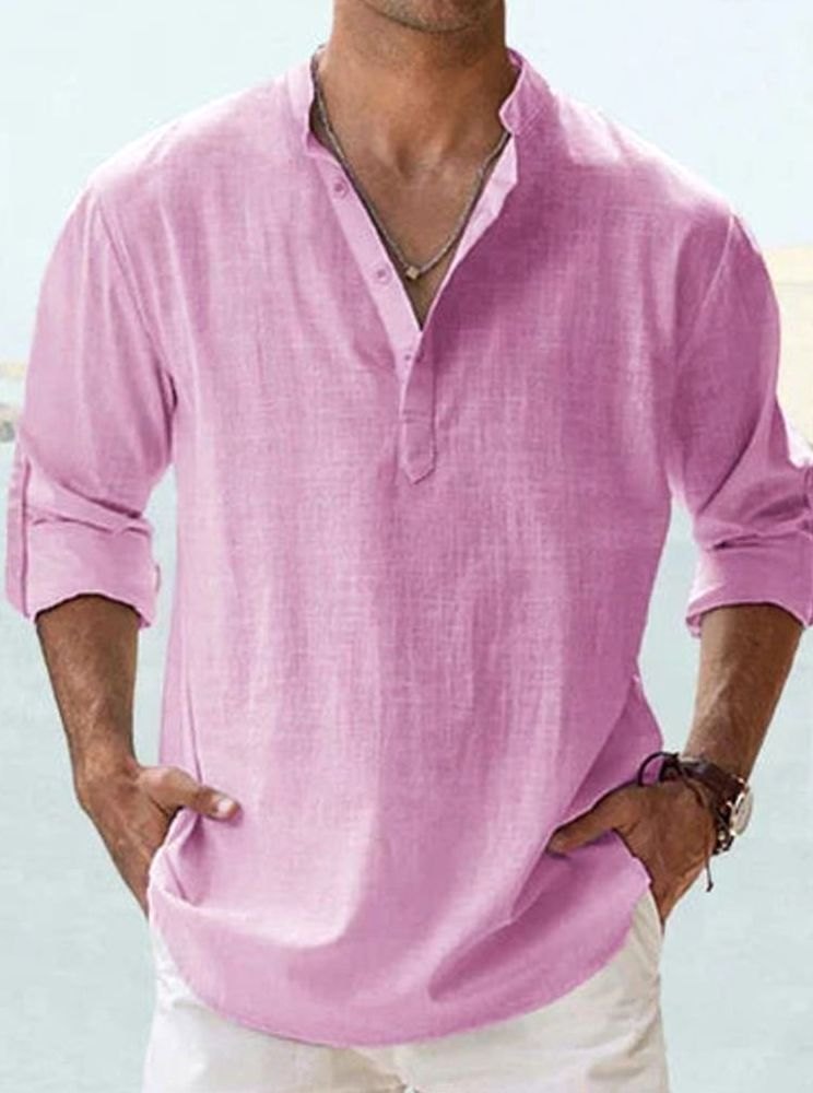 Men's Long Sleeve Linen Henley Shirt Band Collar - Light Pink