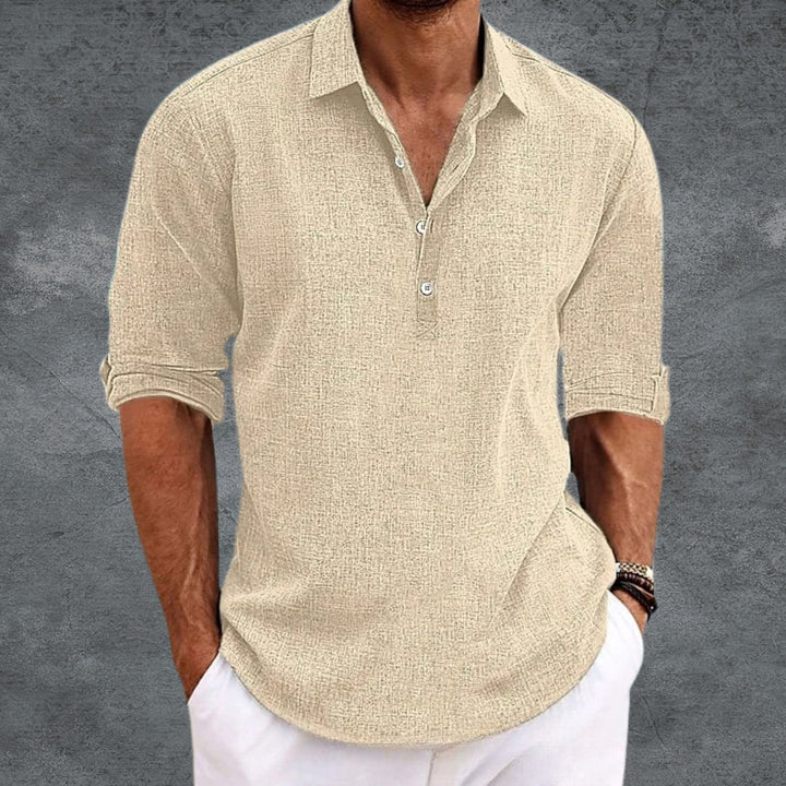 Men's Long Sleeve Linen Henley Shirt Collared Pullover Top - Beige