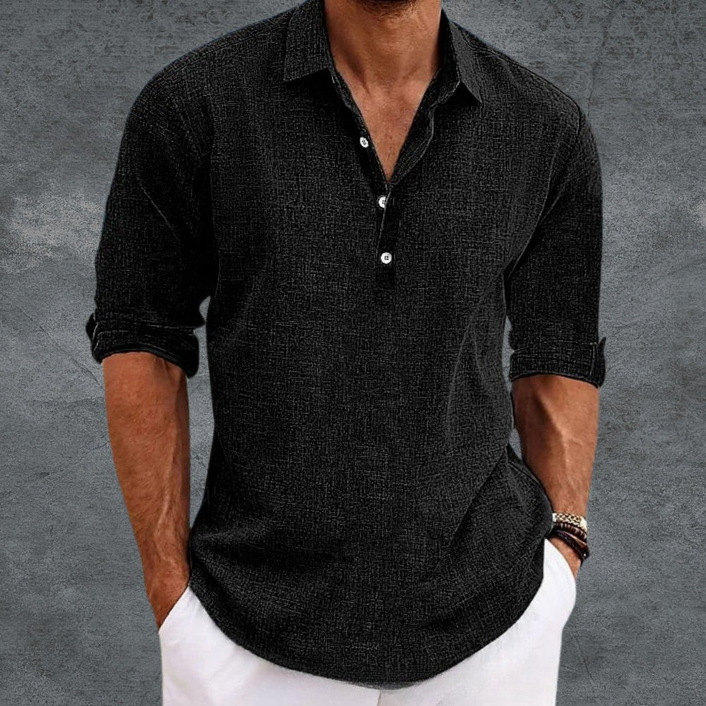 Men's Long Sleeve Linen Henley Shirt Collared Pullover Top - Black