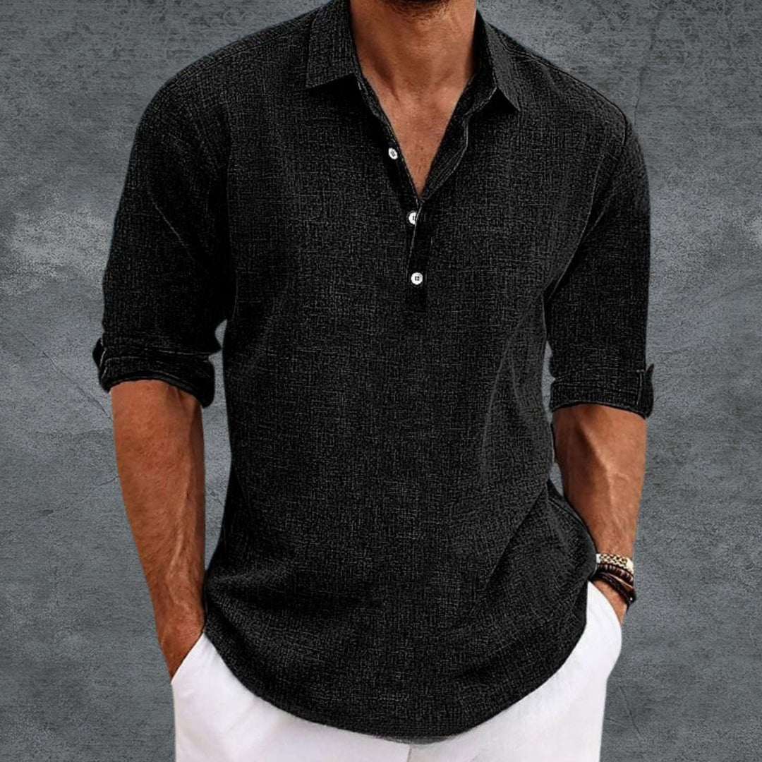 Men's Long Sleeve Linen Henley Shirt Collared Pullover Top - Black