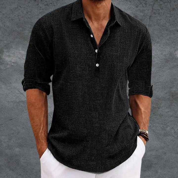 Men's Long Sleeve Linen Henley Shirt Collared Pullover Top - Black