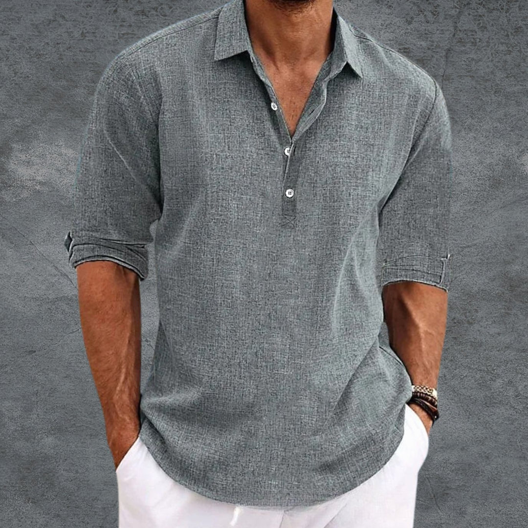 Men's Long Sleeve Linen Henley Shirt Collared Pullover Top - Gray