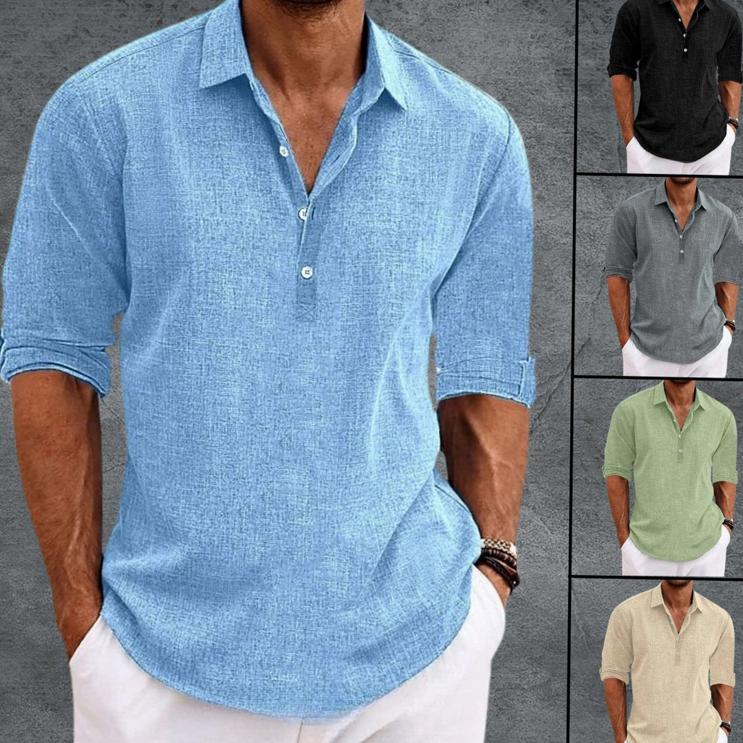 Men's Long Sleeve Linen Henley Shirt Collared Pullover Top