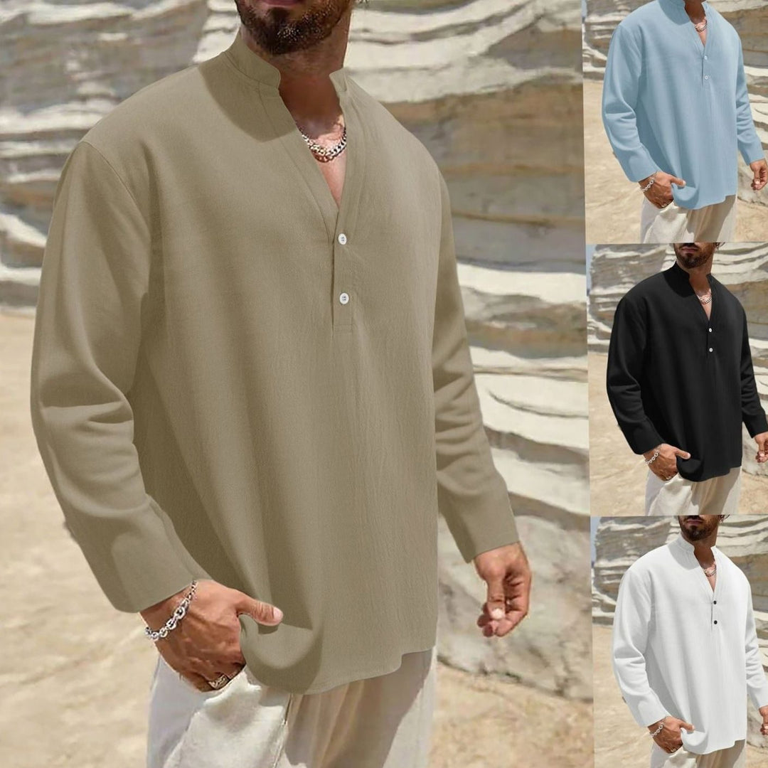 Men's Long Sleeve Linen Henley Shirt Stand Collar Two-Button