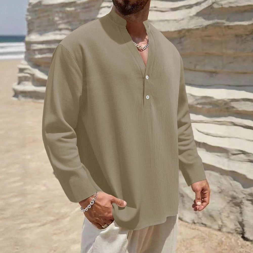 Men's Long Sleeve Linen Henley Shirt Stand Collar Two-Button