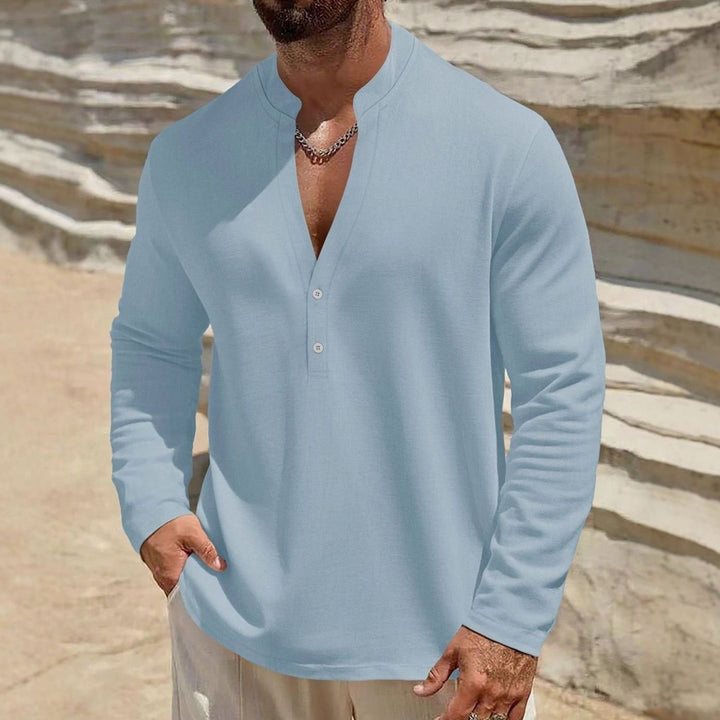 Men's Long Sleeve Linen Henley Shirt Stand Collar Two-Button