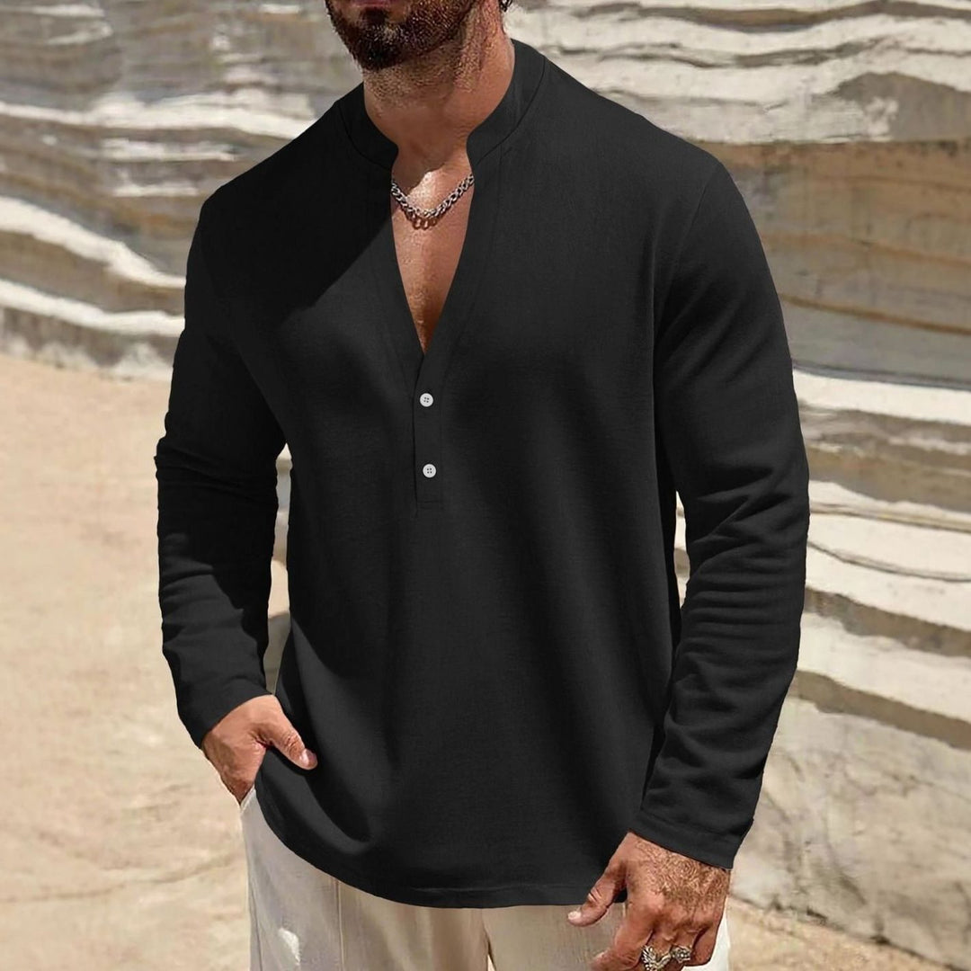Men's Long Sleeve Linen Henley Shirt Stand Collar Two-Button