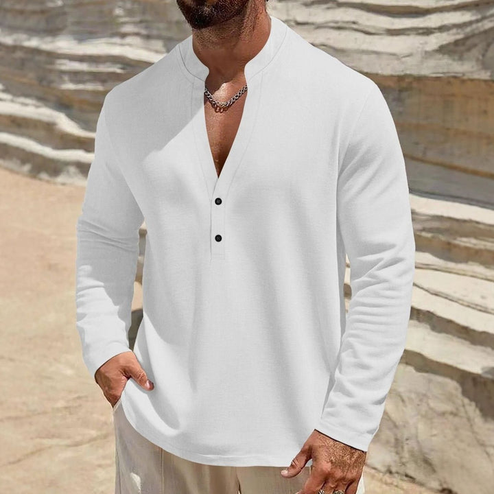 Men's Long Sleeve Linen Henley Shirt Stand Collar Two-Button