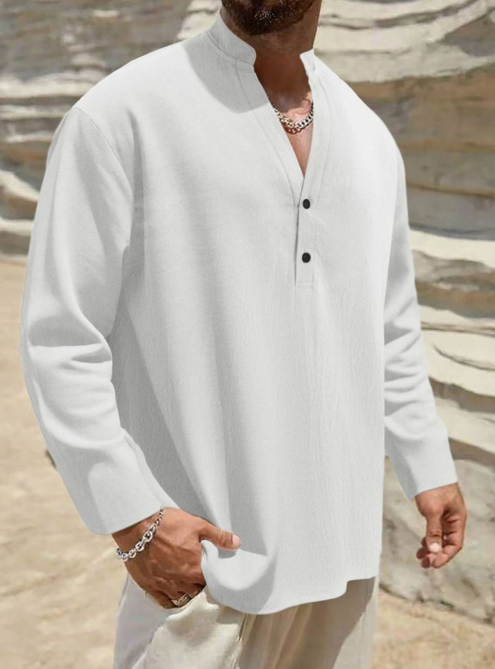 Men's Long Sleeve Linen Henley Shirt Stand Collar Two-Button - White