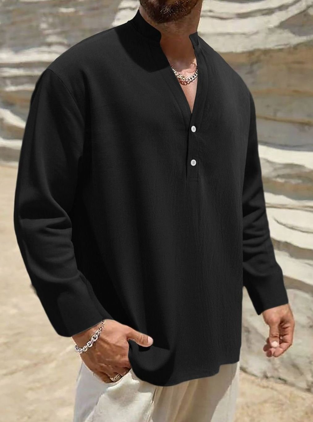 Men's Long Sleeve Linen Henley Shirt Stand Collar Two-Button - Black
