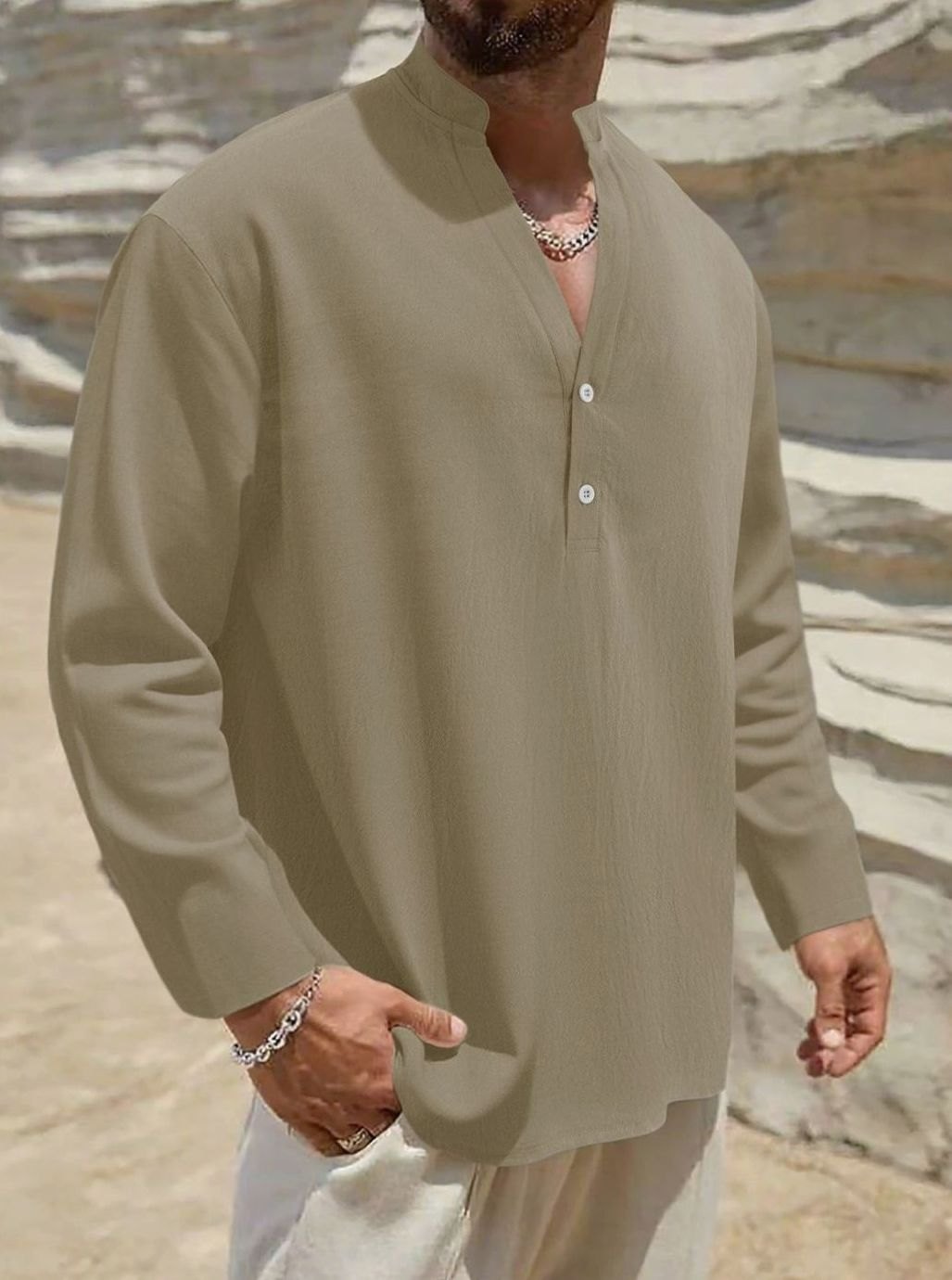 Men's Long Sleeve Linen Henley Shirt Stand Collar Two-Button - Khaki
