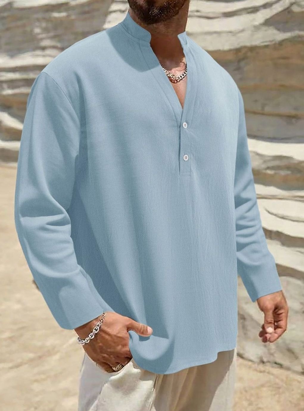 Men's Long Sleeve Linen Henley Shirt Stand Collar Two-Button - Sky Blue