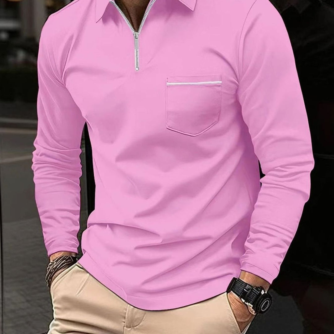 Men's Long Sleeve Quarter-Zip Polo Shirt Chest Pocket - Pink