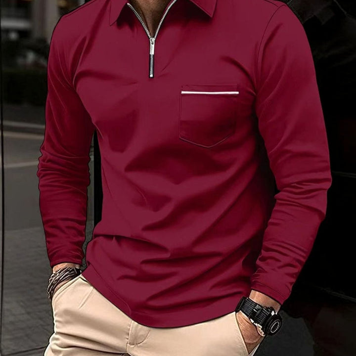 Men's Long Sleeve Quarter-Zip Polo Shirt Chest Pocket - Red