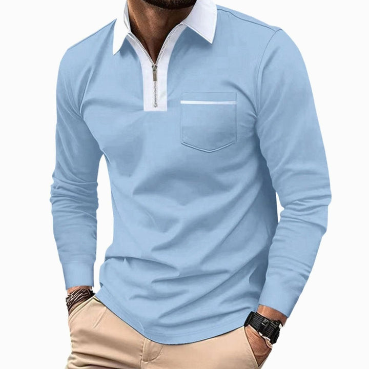 Men's Long Sleeve Quarter-Zip Polo Shirt Chest Pocket, Light Blue