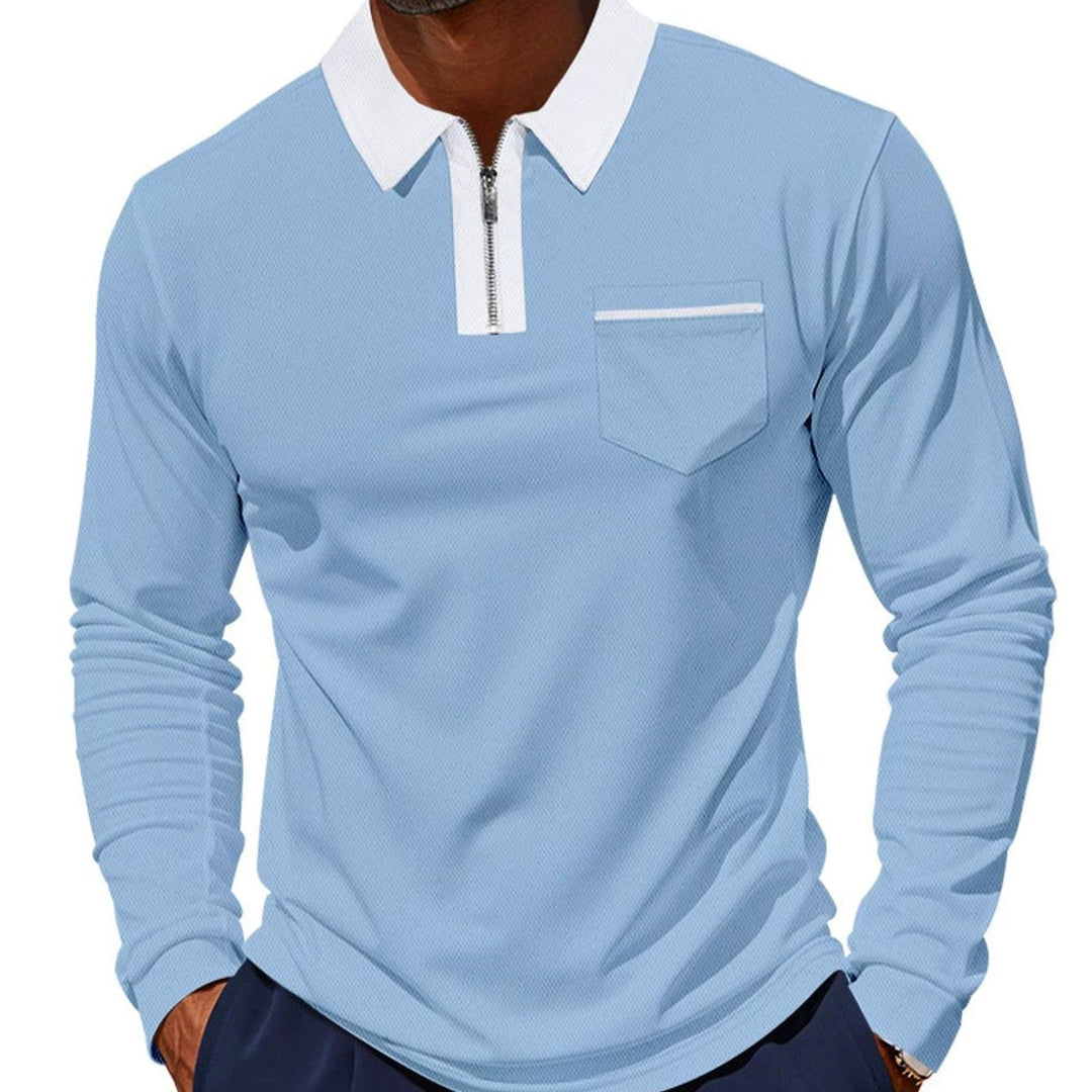 Men's Long Sleeve Quarter-Zip Polo Shirt Chest Pocket, Light Blue - Light Blue
