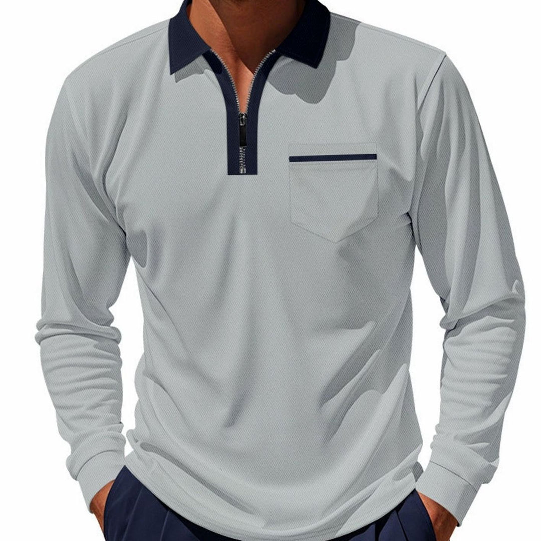 Men's Long Sleeve Quarter-Zip Polo Shirt Chest Pocket, Light Blue - Gray