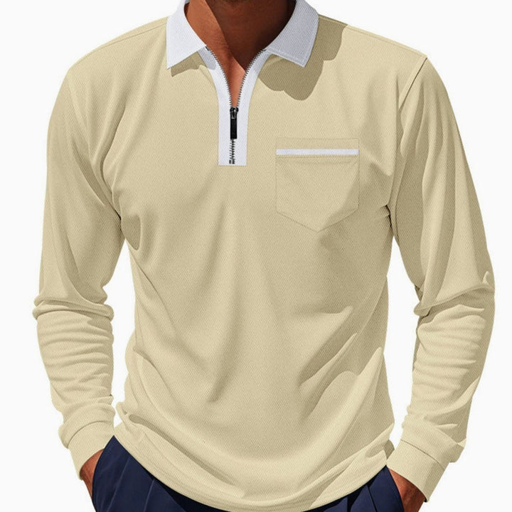 Men's Long Sleeve Quarter-Zip Polo Shirt Chest Pocket, Light Blue - Light Yellow
