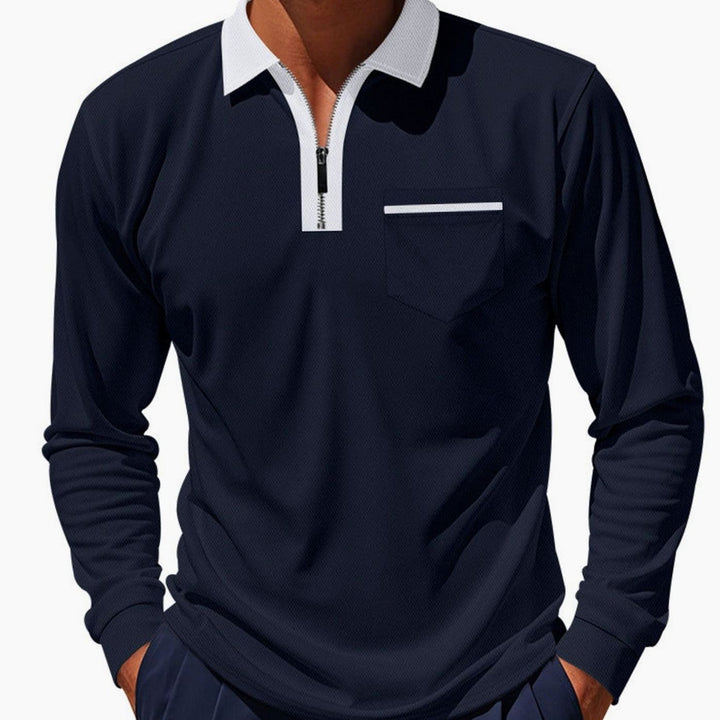 Men's Long Sleeve Quarter-Zip Polo Shirt Chest Pocket, Light Blue - Midnight Blue