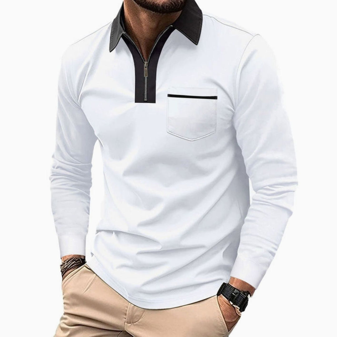 Men's Long Sleeve Quarter-Zip Polo Shirt Chest Pocket, Light Blue