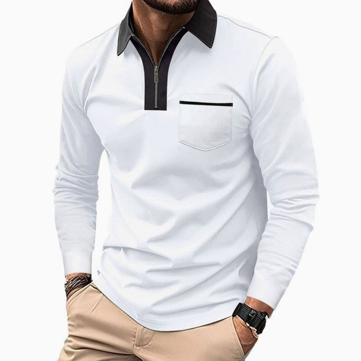 Men's Long Sleeve Quarter-Zip Polo Shirt Chest Pocket, Light Blue