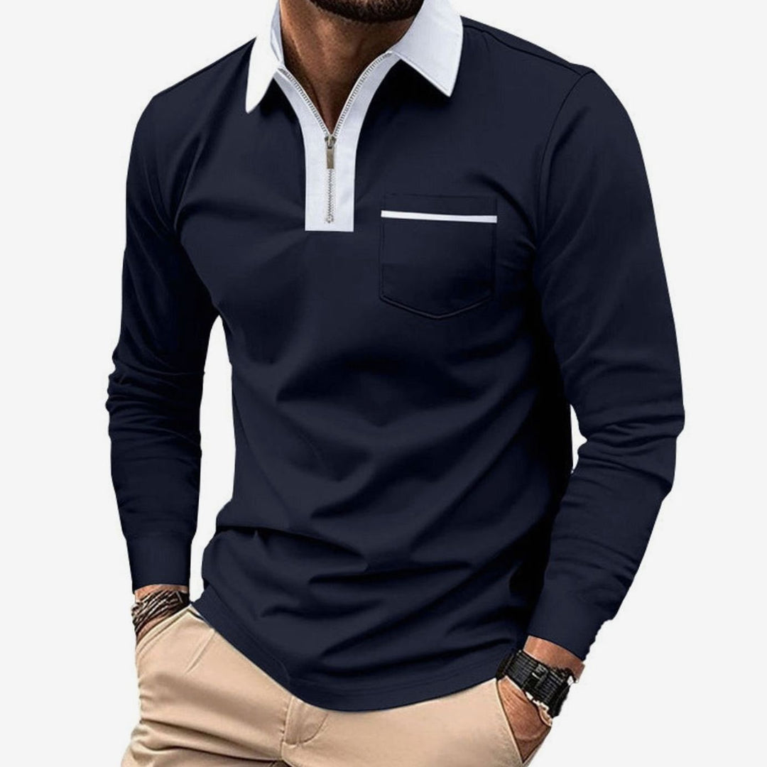 Men's Long Sleeve Quarter-Zip Polo Shirt Chest Pocket, Light Blue