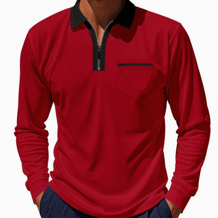 Men's Long Sleeve Quarter-Zip Polo Shirt Chest Pocket, Light Blue - Burgundy