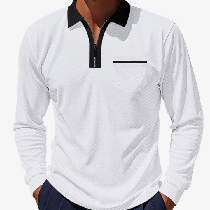 Men's Long Sleeve Quarter-Zip Polo Shirt Chest Pocket, Light Blue - White