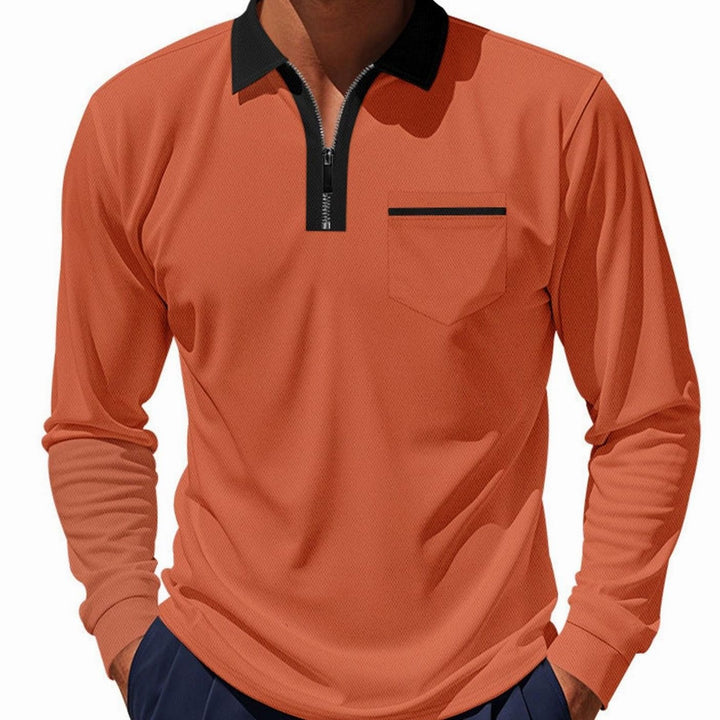 Men's Long Sleeve Quarter-Zip Polo Shirt Chest Pocket, Light Blue - Orange