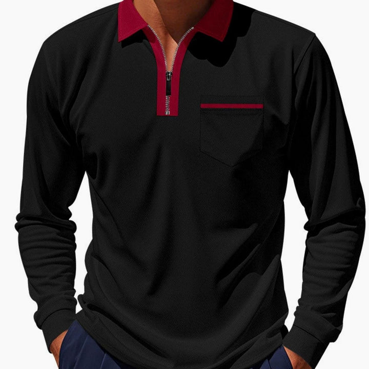 Men's Long Sleeve Quarter-Zip Polo Shirt Chest Pocket, Light Blue - Black