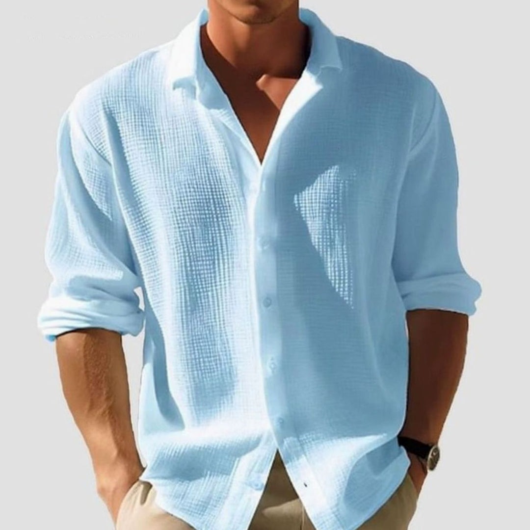 Men's Long Sleeve Relaxed-Fit Collared Casual Button-Down Shirt - Light Blue
