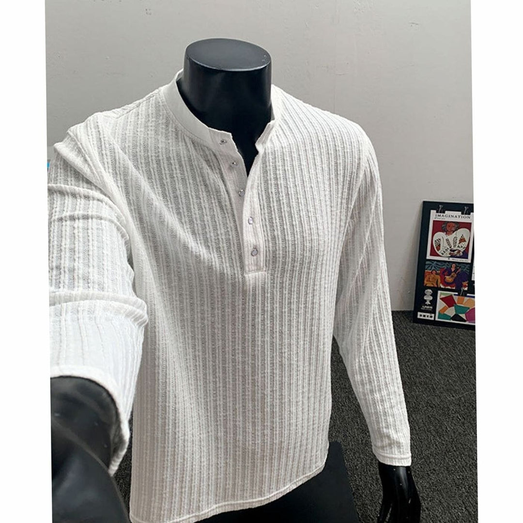 Men's Long Sleeve Ribbed Cotton Henley Shirt Band Collar