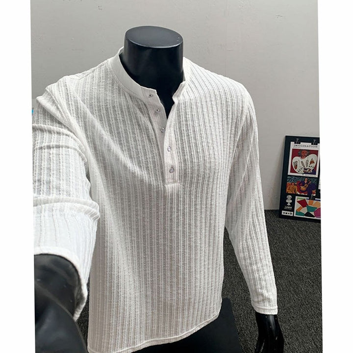 Men's Long Sleeve Ribbed Cotton Henley Shirt Band Collar